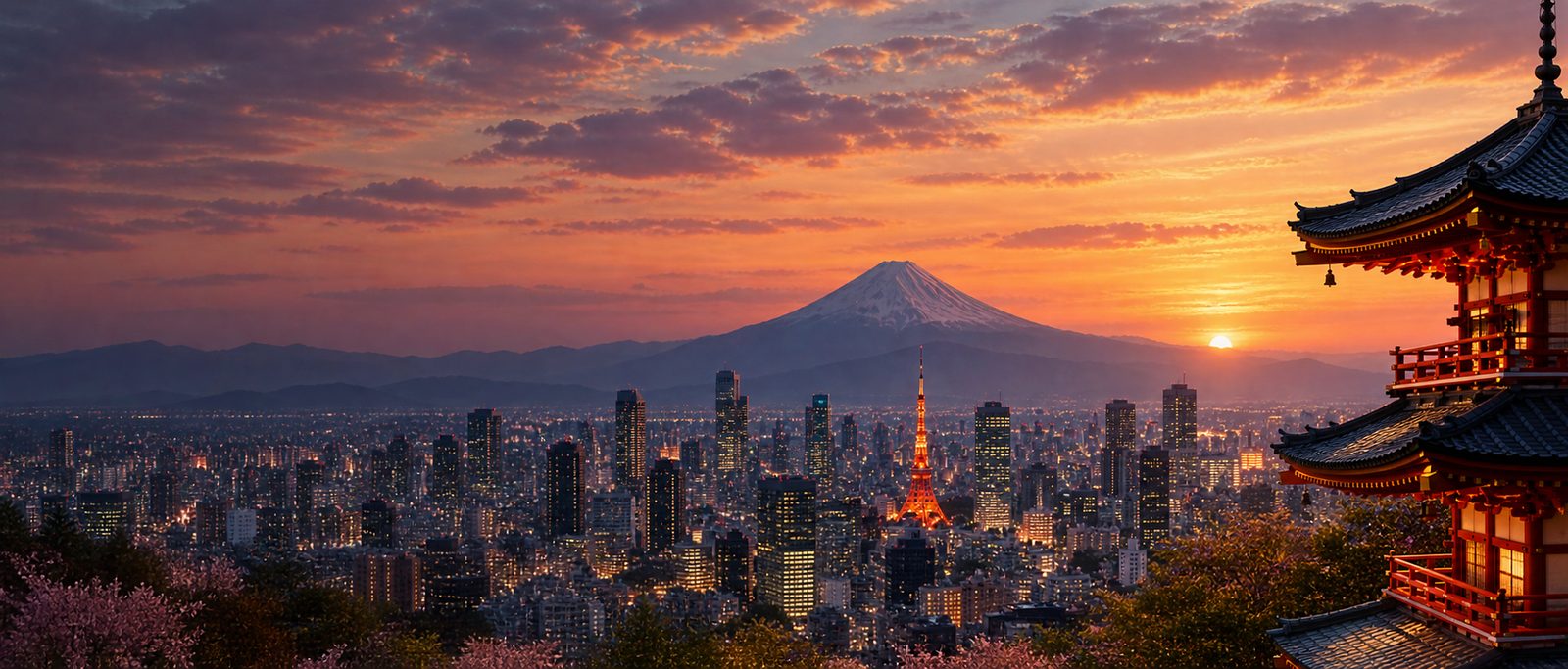 Illustration of Mount Fuji at sunset above the Tokyo skyline, with Tokyo Tower and a pagoda.