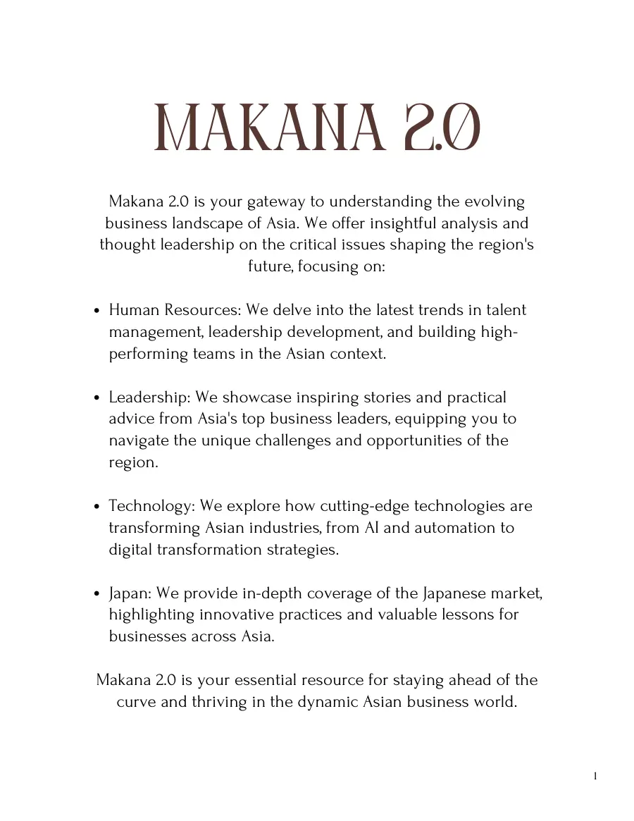 Page introducing Makana 2.0 and its four focus areas: Human Resources, Leadership, Technology and Japan