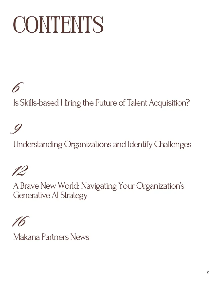 Contents page listing four sections with page numbers