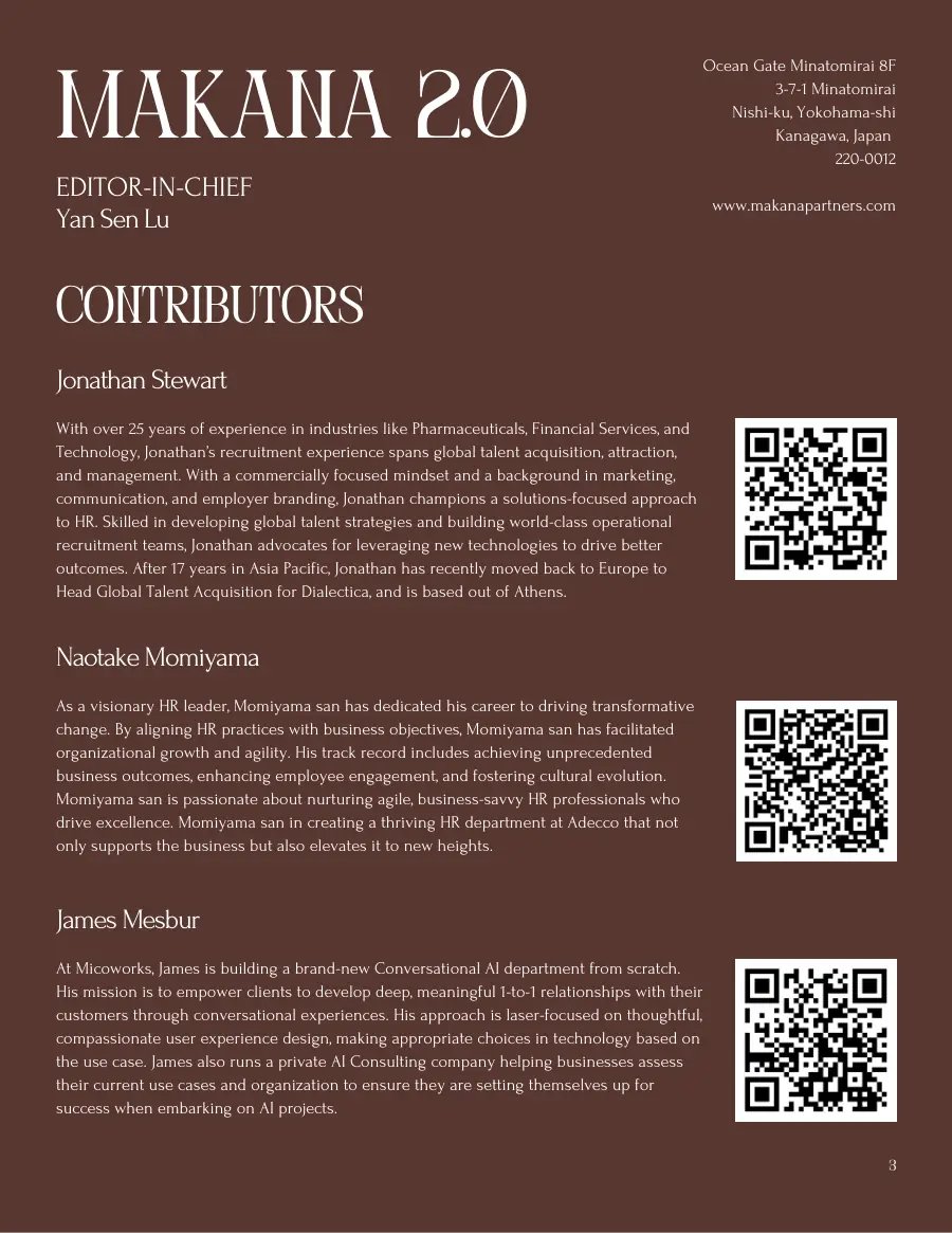 Masthead page with the Makana Partners address, the editor-in-chief and contributor bios for Jonathan Stewart, Naotake Momiyama and James Mesbur