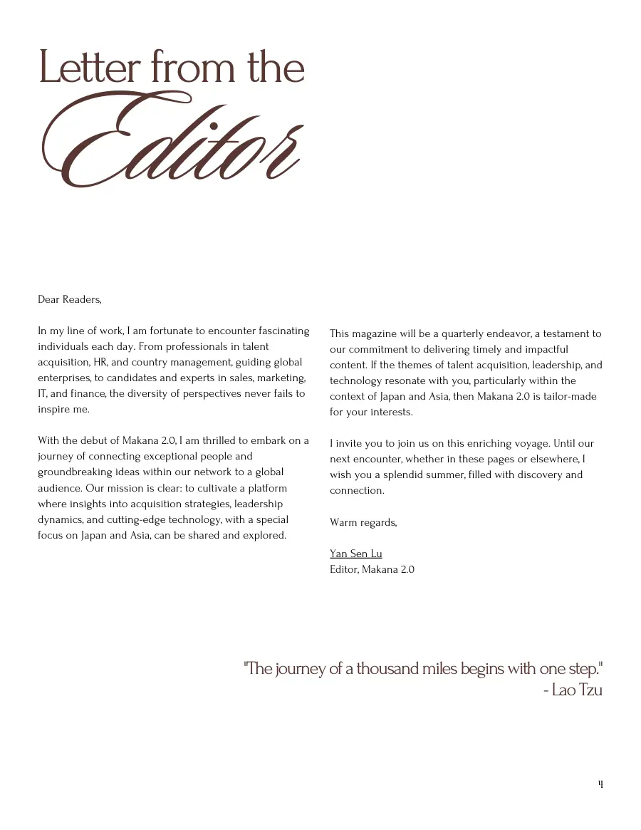 Letter from the Editor by Yan Sen Lu, ending with a quote attributed to Lao Tzu