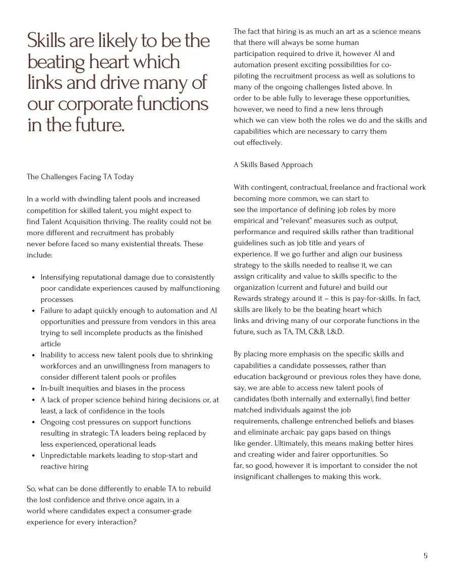 Text page on the challenges facing talent acquisition and a skills-based approach, with a pull quote