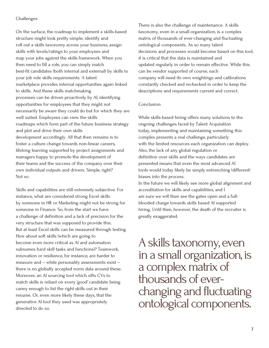 Text page on the challenges of skills-based hiring and the conclusion, with a pull quote