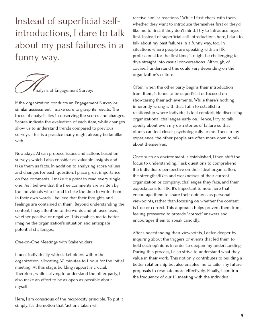 Text page on analysing engagement surveys and holding one-on-one meetings with stakeholders, with a pull quote