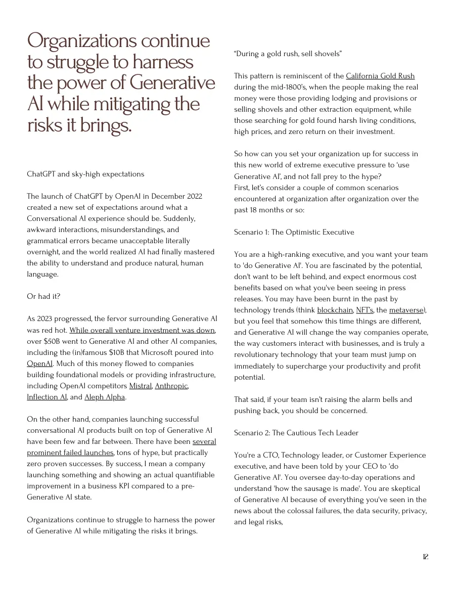 Text page on ChatGPT expectations, the gold rush comparison and the Optimistic Executive scenario, with a pull quote