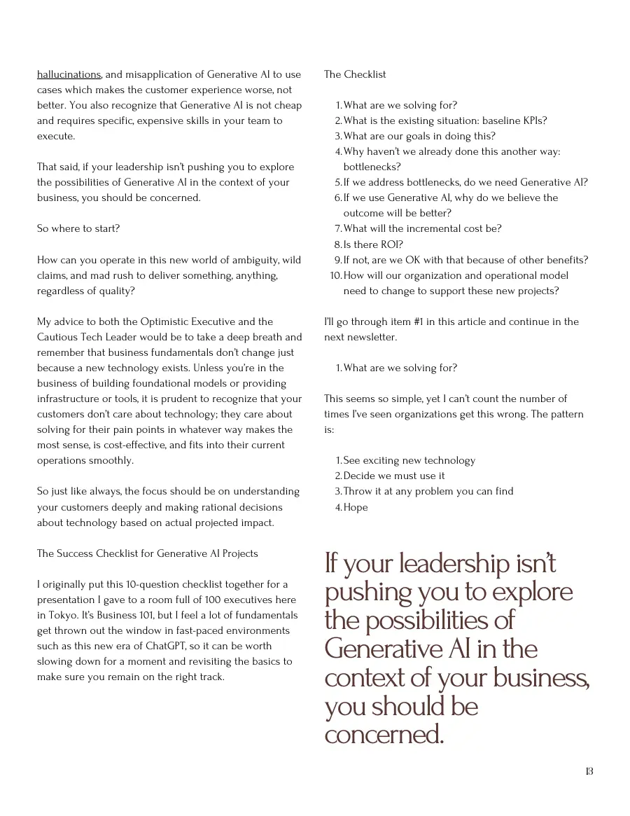 Text page on the Cautious Tech Leader and the 10-question Success Checklist for Generative AI projects, with a pull quote