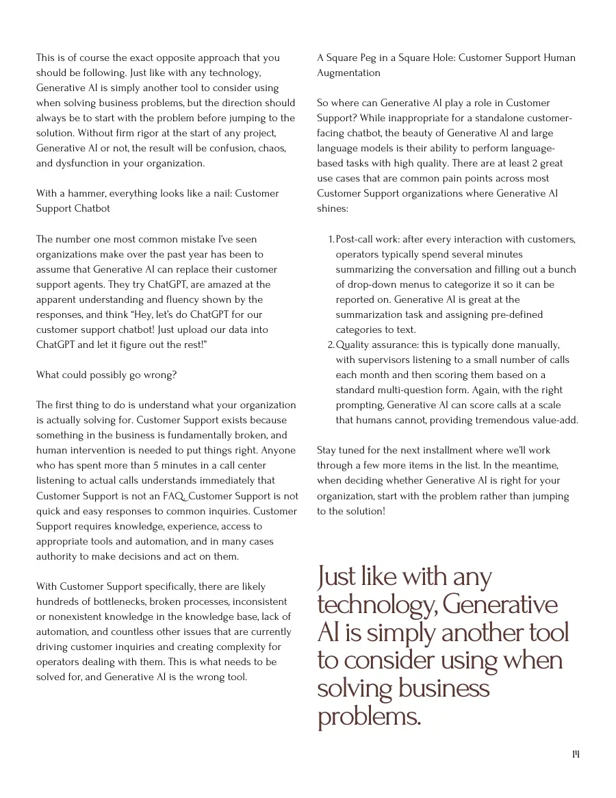 Text page on customer support chatbots and human augmentation use cases for Generative AI, with a pull quote