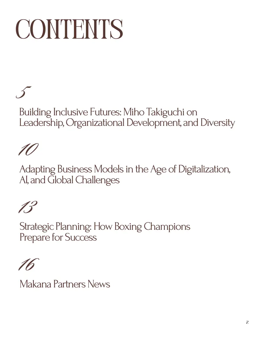 Contents page listing four items: the Miho Takiguchi interview, adapting business models, strategic planning and Makana Partners News