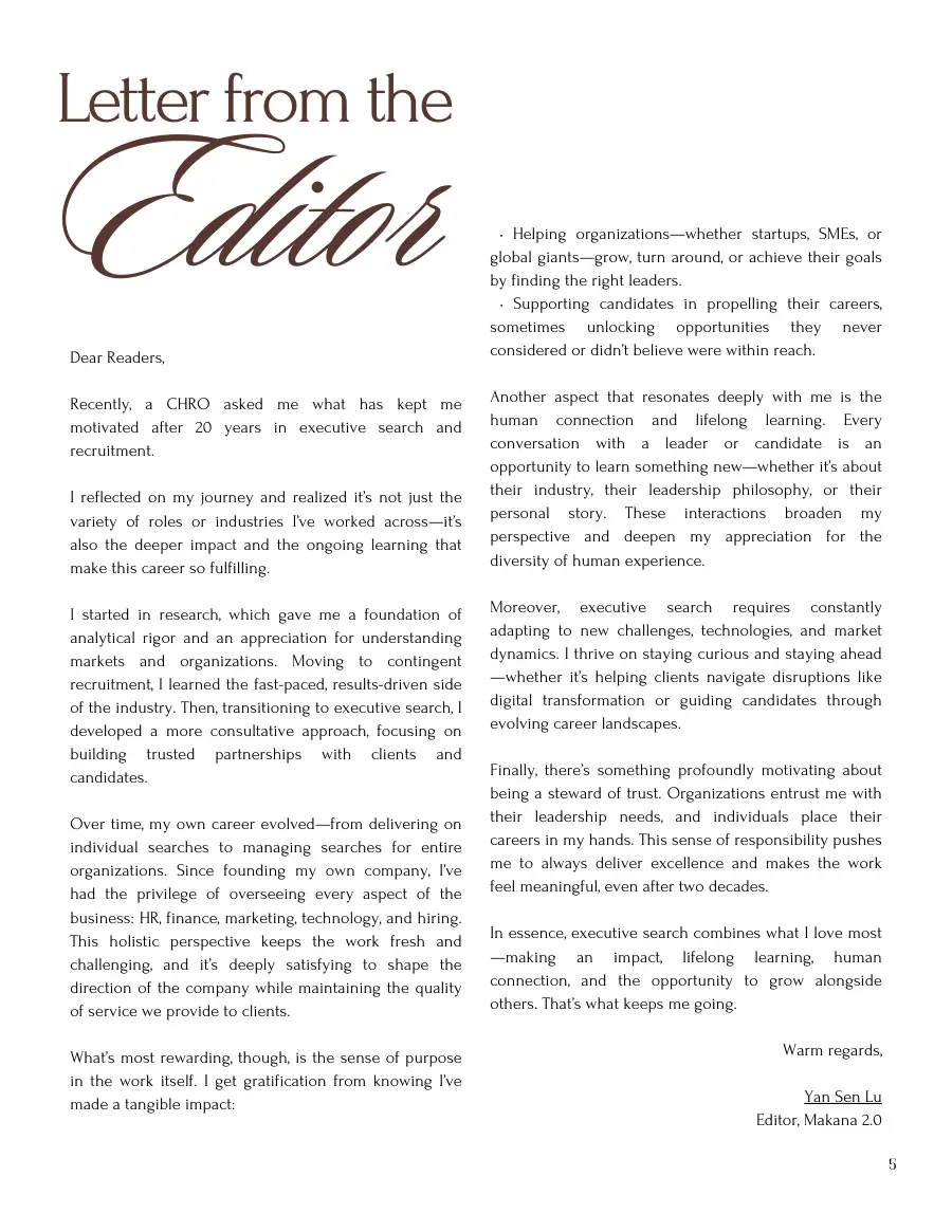 Letter from the Editor by Yan Sen Lu on what has kept him motivated through 20 years in executive search
