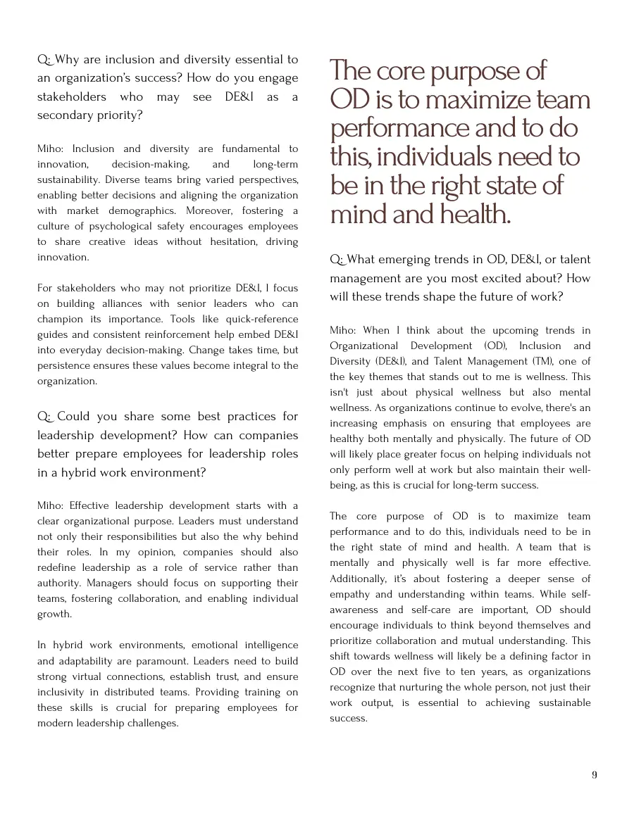 Interview page on inclusion and diversity, leadership development in hybrid work and emerging trends, with a pull quote on OD
