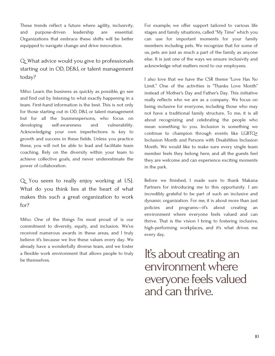 Final interview page with career advice, what makes USJ a great place to work, and a pull quote on valuing everyone