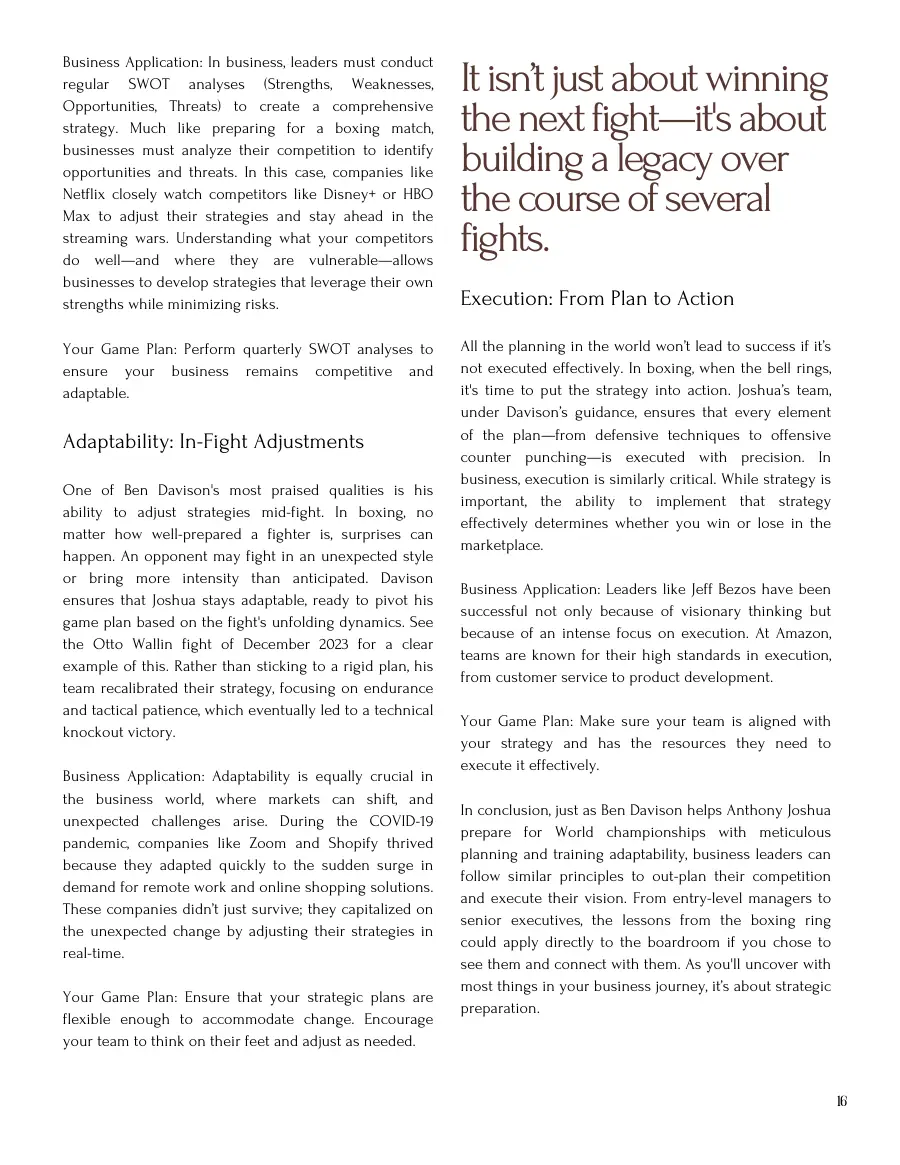 Article page on adaptability, execution and the conclusion of the boxing strategy article, with a pull quote on building a legacy