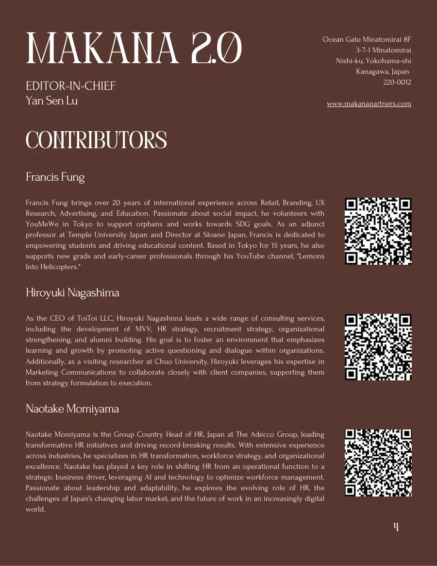 Masthead and contributors page with bios of Francis Fung, Hiroyuki Nagashima and Naotake Momiyama