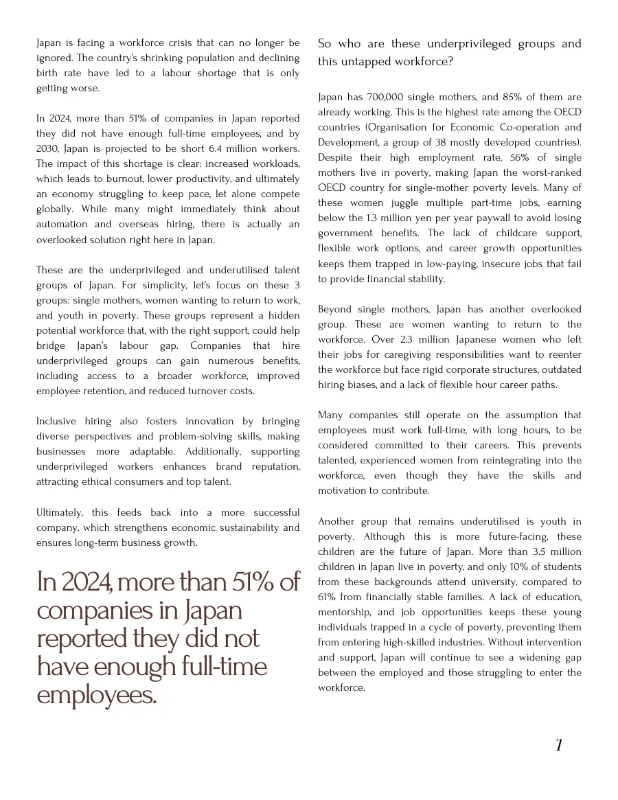 Text page on Japan's workforce crisis and the three underutilised groups, with a large pull quote about 51% of companies