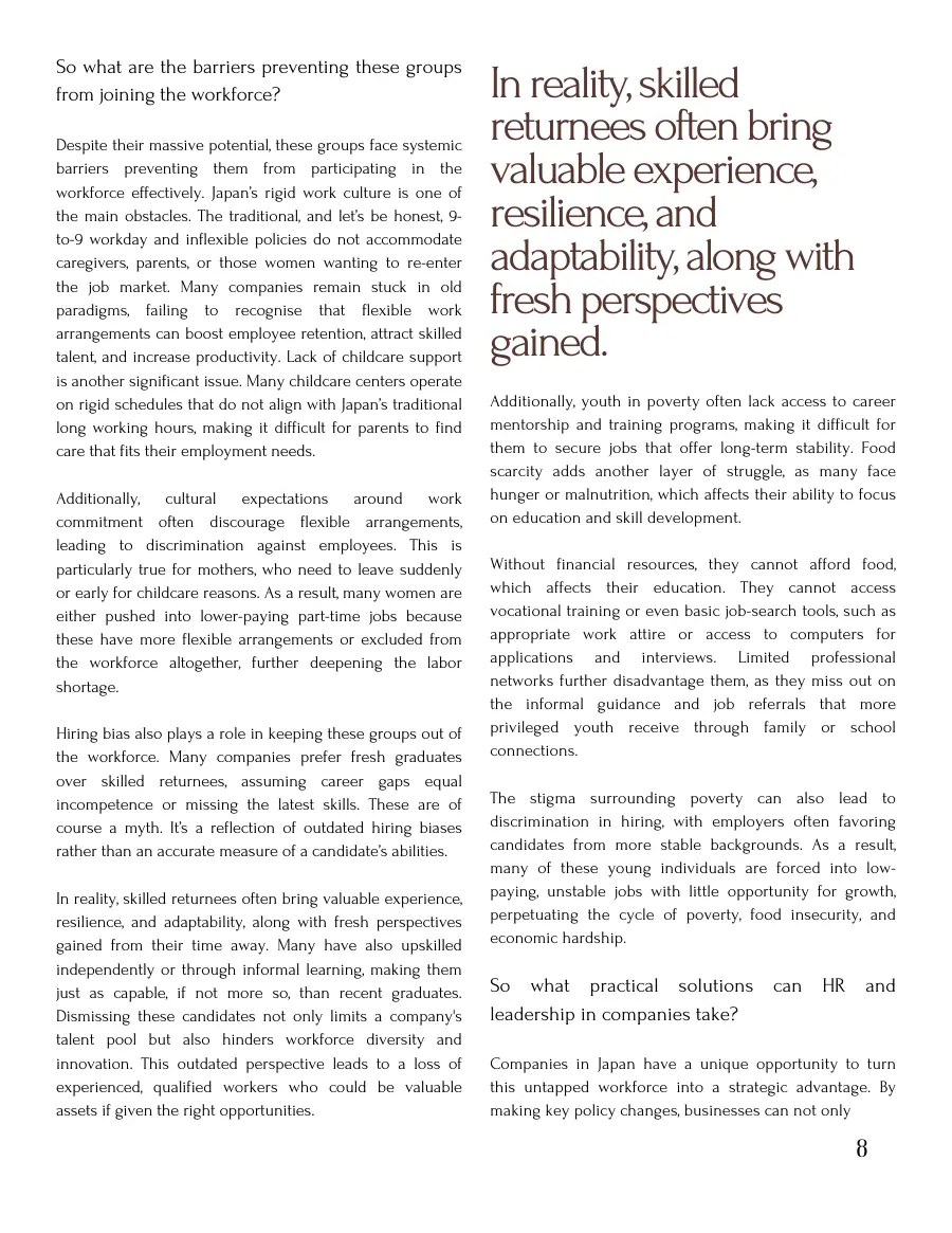 Text page on barriers facing underprivileged groups, with a pull quote about skilled returnees