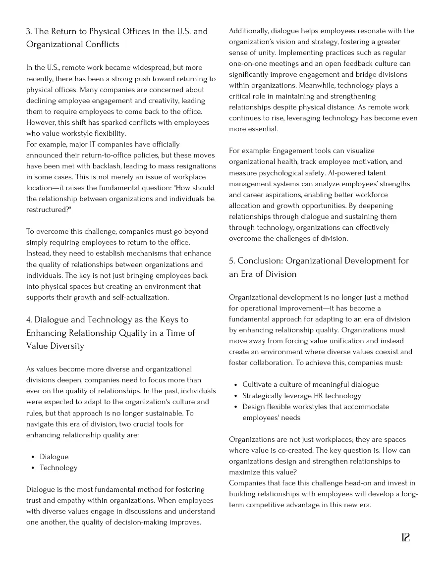 Text page on the return to physical offices, dialogue and technology, and the conclusion