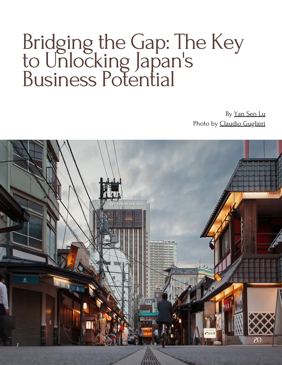 Opening page of 'Bridging the Gap: The Key to Unlocking Japan's Business Potential' with a photo of a Tokyo street at dusk