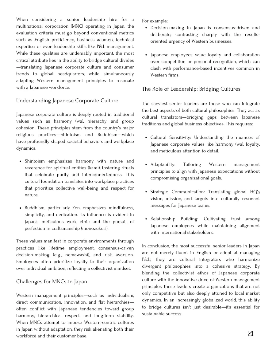 Text page on Japanese corporate culture, challenges for multinationals and the role of leadership in bridging cultures
