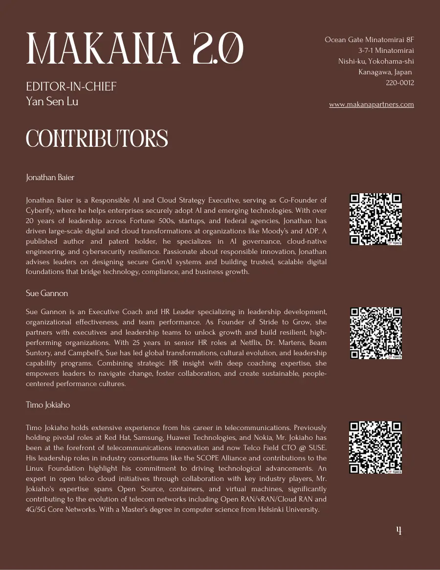 Masthead page with the editor-in-chief's details and the first three contributor bios