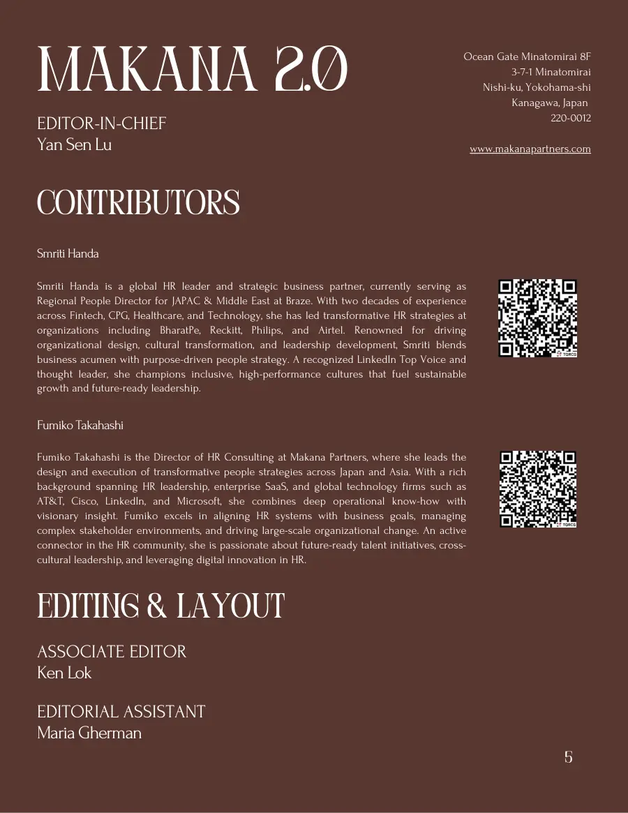 Masthead page with two further contributor bios and the editing and layout credits