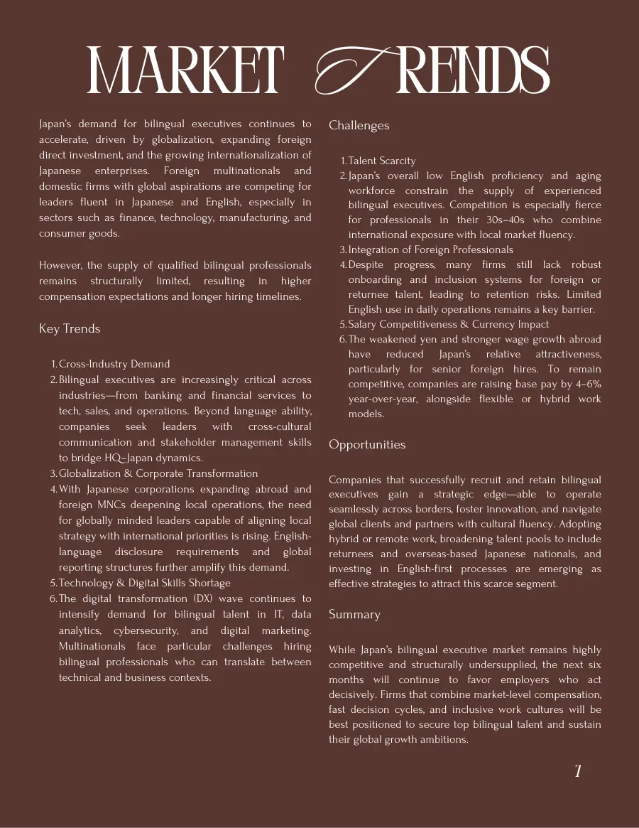 Market Trends page on Japan's bilingual executive market, in white text on a brown background