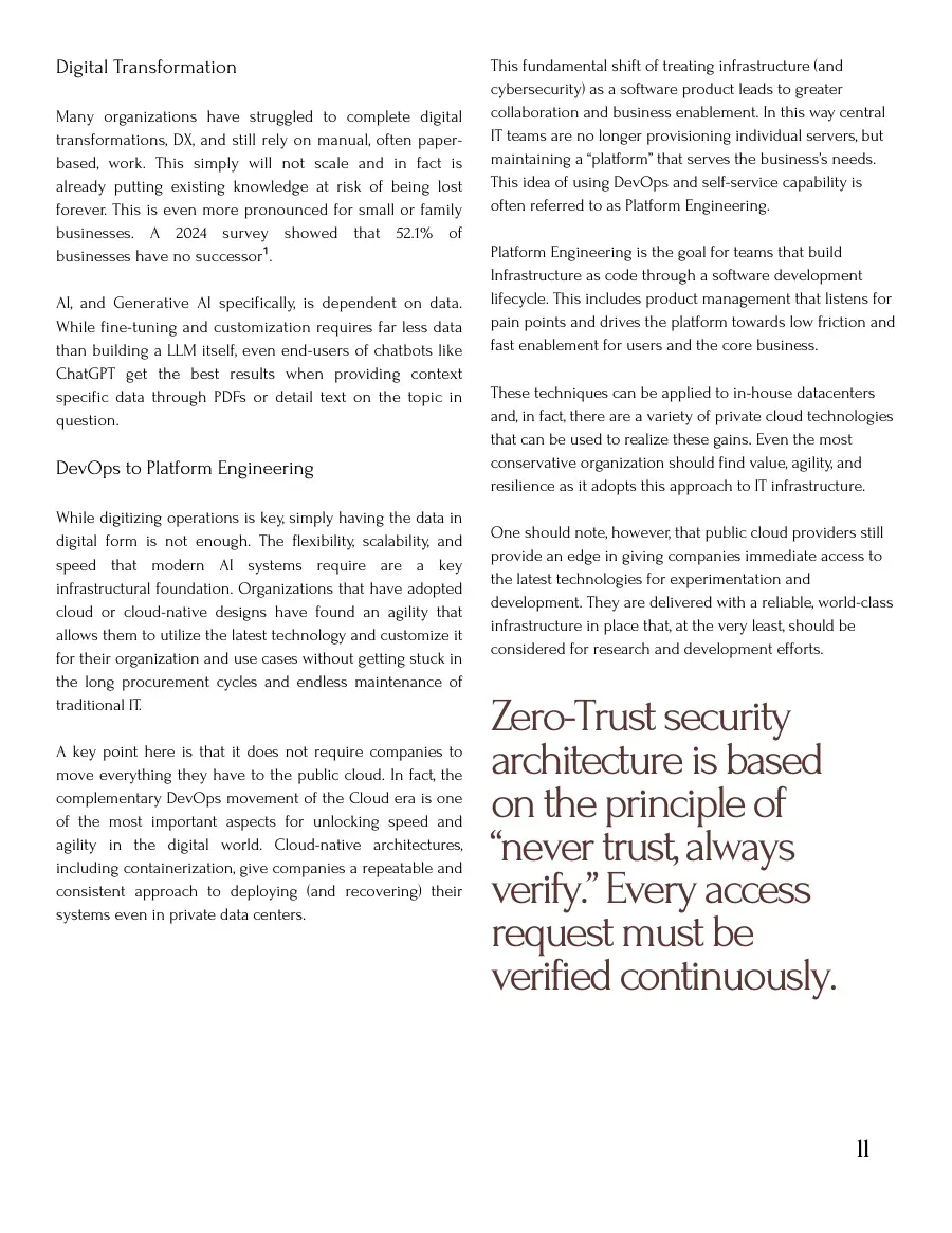 Article text on digital transformation and platform engineering, with a large pull quote on zero-trust security