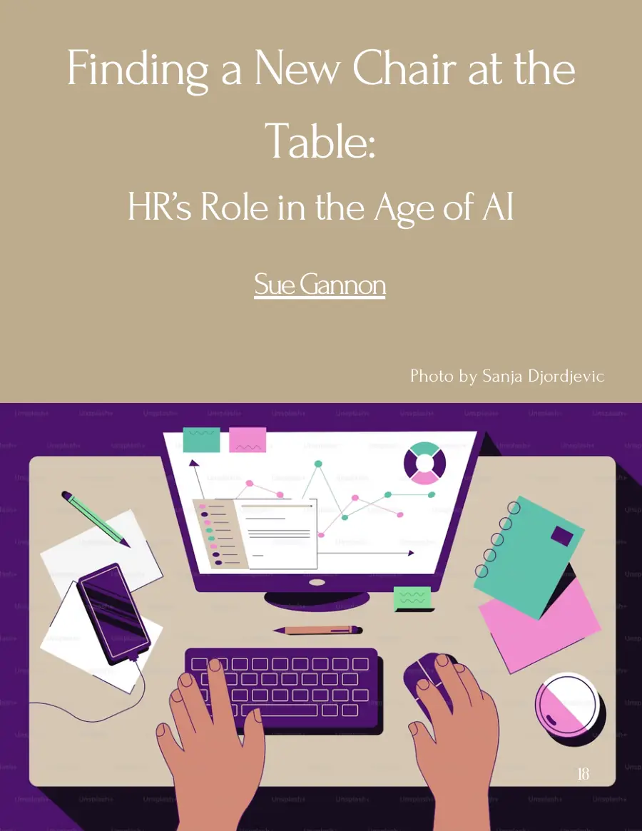 Opening page of 'Finding a New Chair at the Table: HR's Role in the Age of AI' with a photo and the author's name