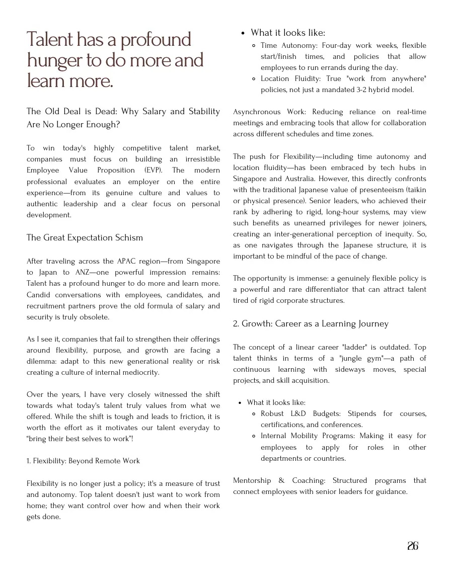 Article text on the changing expectations of talent and flexibility, with a pull quote