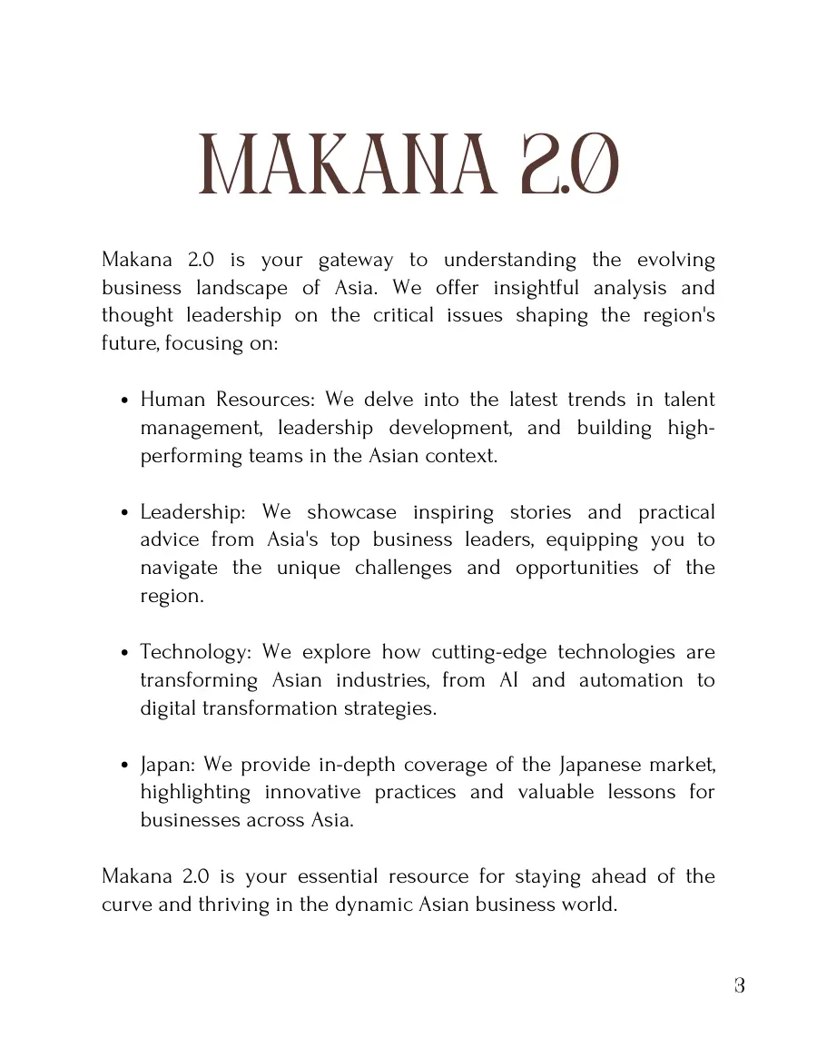 Page introducing Makana 2.0 as a gateway to Asia's business landscape, covering human resources, leadership, technology and Japan