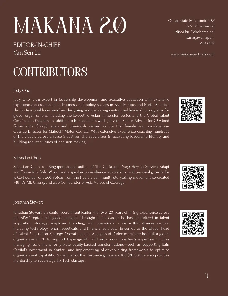 Masthead and contributors page with the Makana 2.0 address and bios of Jody Ono, Sebastian Chen and Jonathan Stewart, each with a QR code