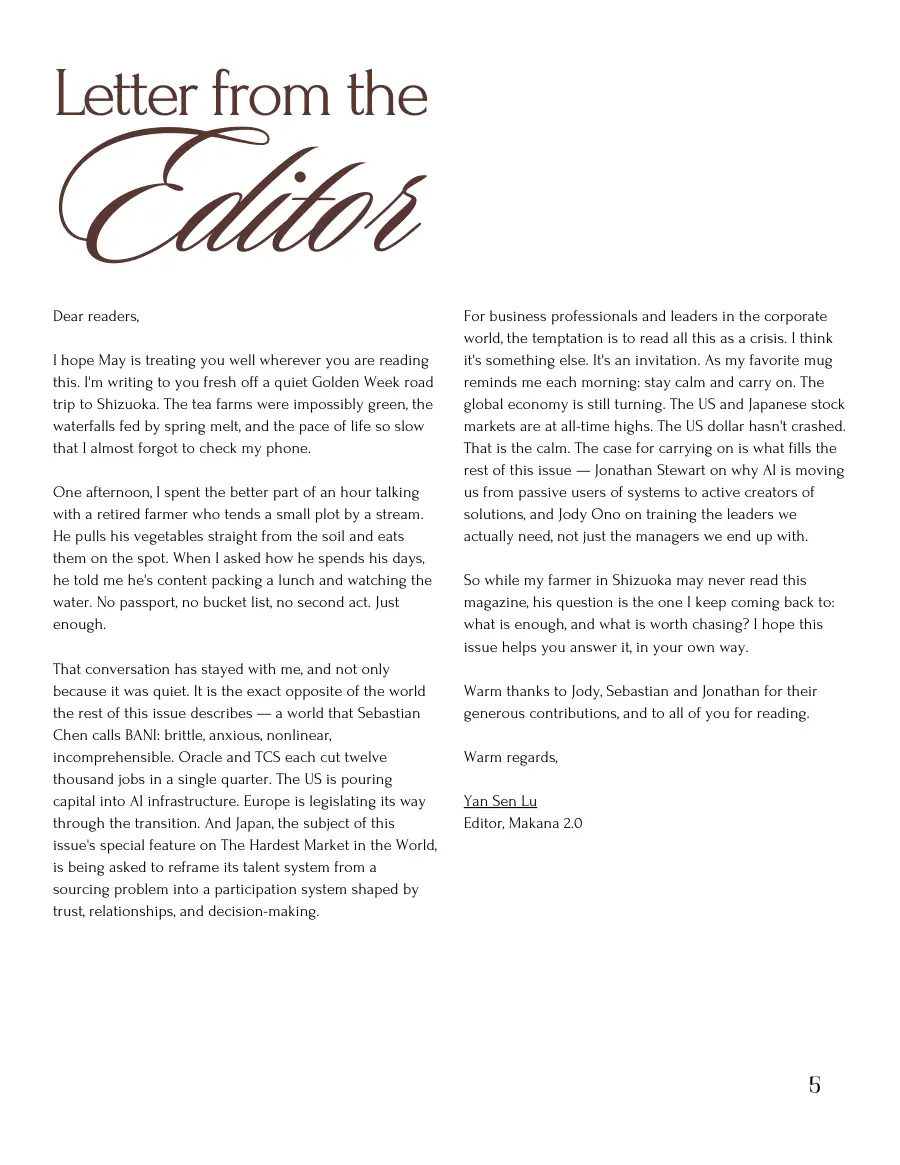 Letter from the Editor by Yan Sen Lu, set in two columns of text