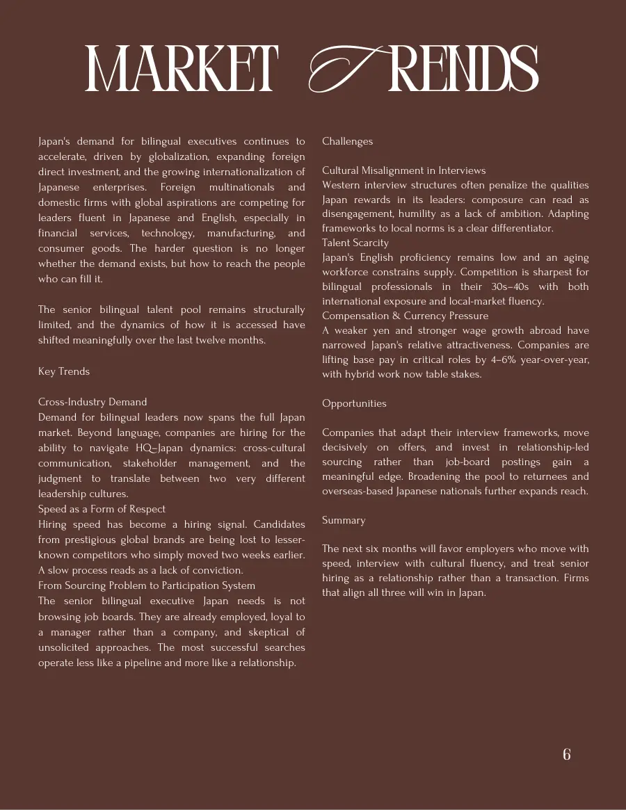 Market Trends page on Japan's demand for bilingual executives, with key trends, challenges, opportunities and a summary, on a brown background