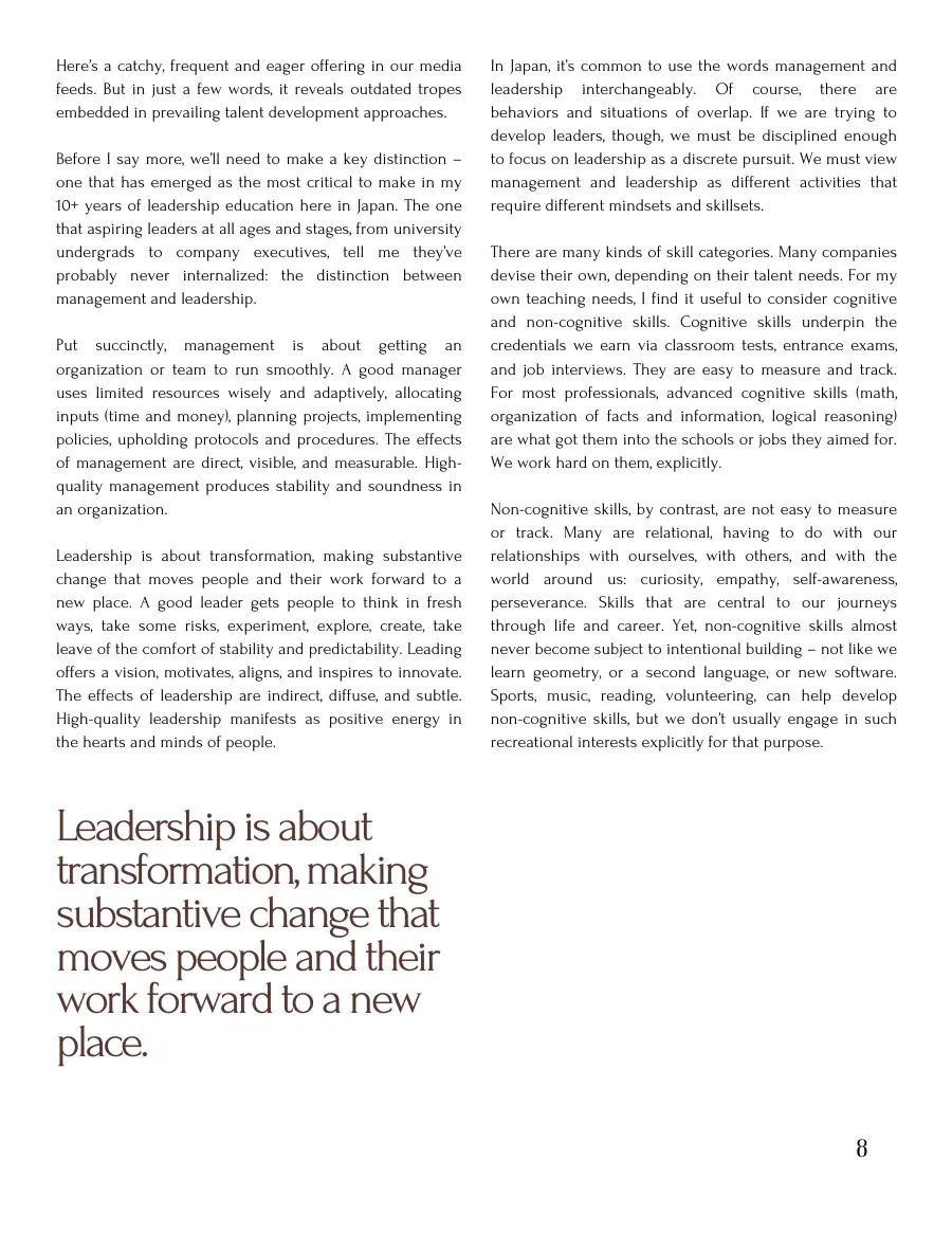 First text page of 'How To Train Your Leaders' on management versus leadership and cognitive versus non-cognitive skills, with a pull quote