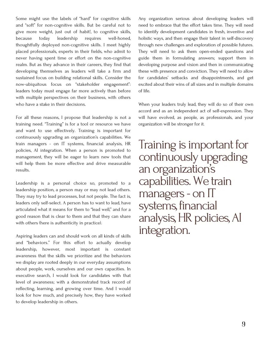 Second text page of 'How To Train Your Leaders' on why leadership is not a training need, with a pull quote