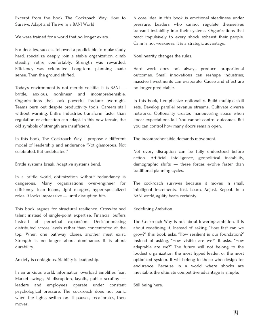 Text page of the book excerpt from The Cockroach Way on brittle, anxious, nonlinear and incomprehensible conditions