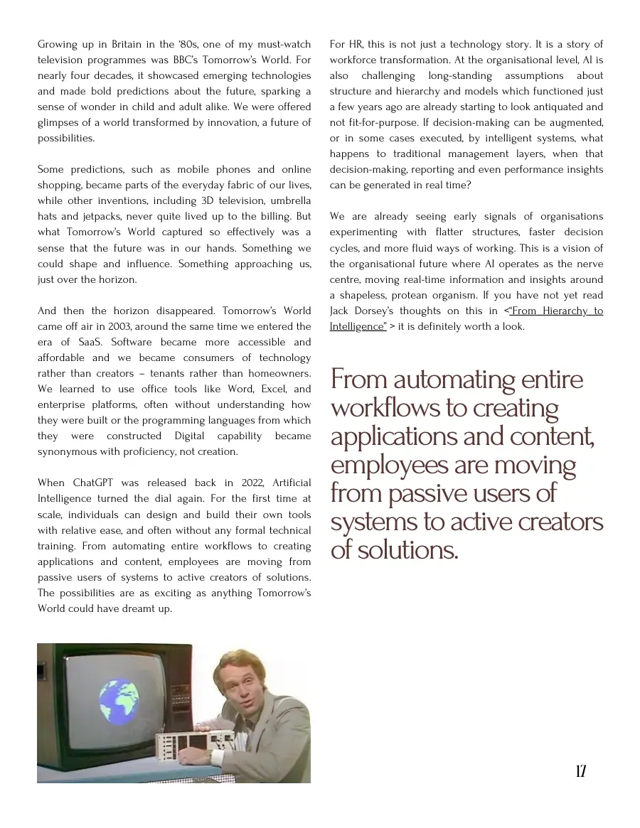 First text page of 'Tomorrow's World Is Here. Are we Ready?' on Tomorrow's World, SaaS and AI, with a pull quote