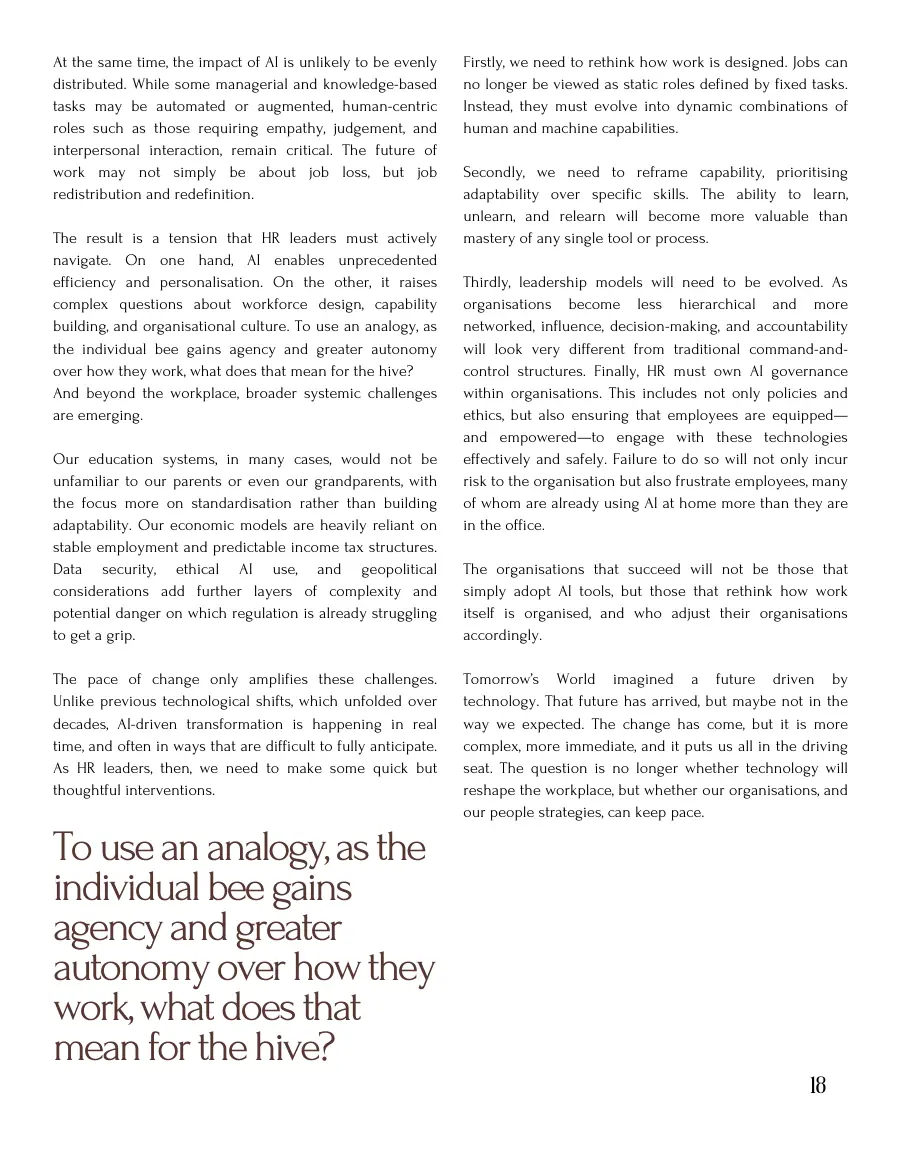 Final text page of 'Tomorrow's World Is Here. Are we Ready?' with four HR interventions and a pull quote about the bee and the hive